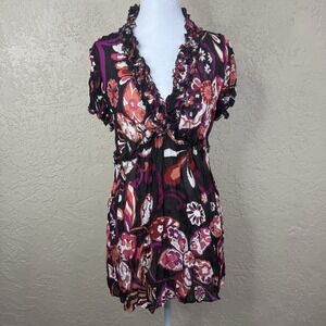 Womens Y2K Babydoll Romantic Forest Fairy Top Size M Brown Pink Ruffle Sheer